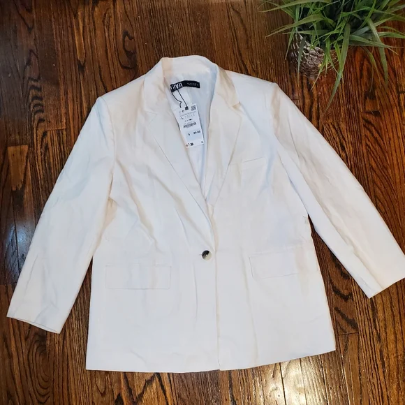 Zara Ecru Linen Blend Belted One Button Blazer - Picture 7 of 16